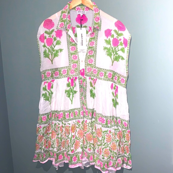 Juliet Dunn Kaftan Top Tunic Mini Dress Floral Poppy Fuchsia Boho Babydoll - Picture 1 of 12